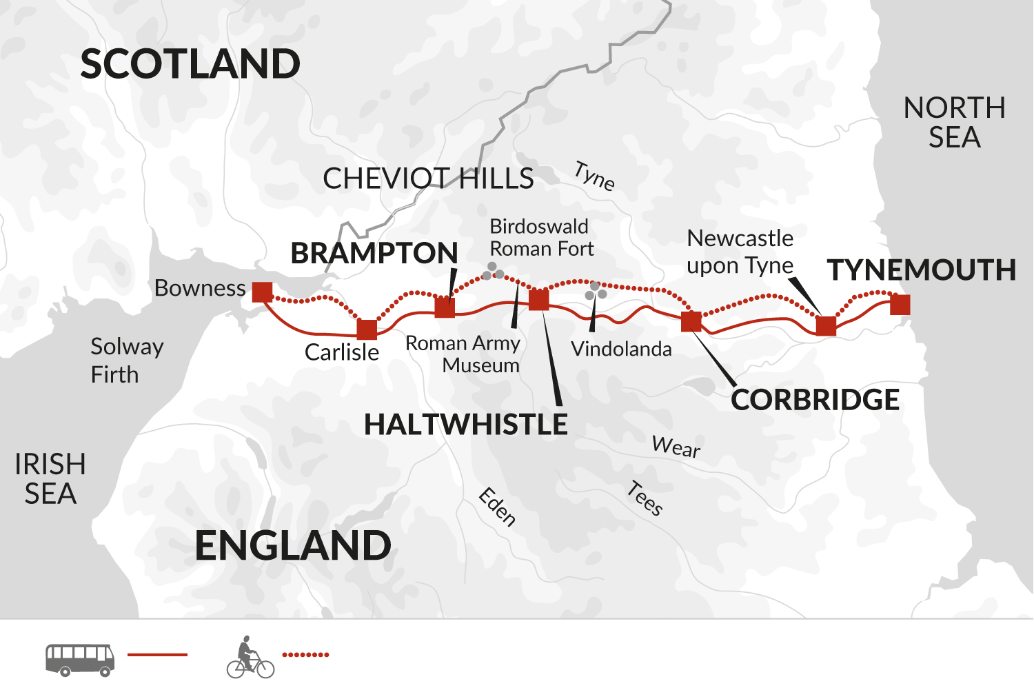 tourhub | Explore! | Cycle Hadrian's Wall - Coast to Coast | Tour Map